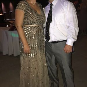 Adrianna Pappel beaded V neck gown. Nude. Size 16